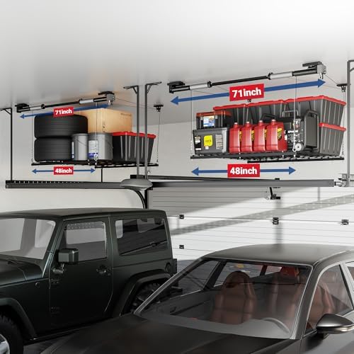 FLEXIMOUNTS Overhead Garage Storage Rack Lift, 4x4 Ft Heavy-Duty Garage Ceiling Storage Racks, Adjustable Organization System With 71'' L Axle, 350lbs Load Capacity, Flat Black - Image 7