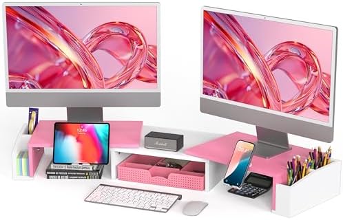 Simple Houseware Desk Dual Monitor Stand Riser with Drawer, Pink by SimpleHouseware