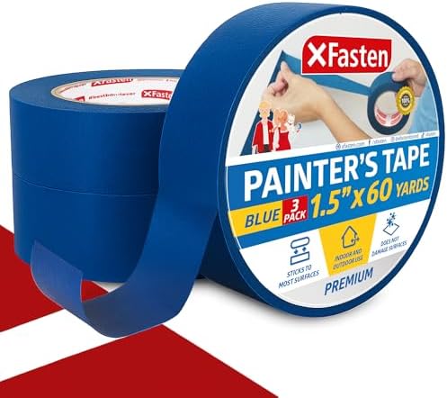 XFasten Professional Blue Painters Tape, Sharp Edge Line Technology, 1.5 Inches x 60Yards (3-Pack) - Produces Sharp Lines and Residue-Free Artisan Grade Clean Release Wall Trim Tape by XFasten