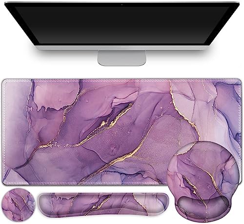 ToLuLu Desk Mat, XXL Large Mouse Pad Wrist Support Set，4 in1 Gaming Mousepad Desk Pad+ Ergonomic Mouse Pad with Wrist Rest + Keyboard Wrist Rest+Coaster for Women Home Office Computer, Purple Marble by ToLuLu