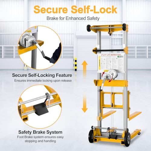 122" 400lbs Material Lift Winch Stacker, Hand Winch Lift Truck with Fixed-Leg, Manual Material Lifter Pallet Stacker for Contractor, Workshop, Industrial, 34.60"L x 24.80"W, Yellow - Image 3