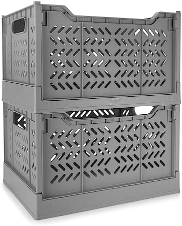 2 Pack Stackable Storage Crates, Plastic Foldable Baskets Tall Gray by Domiella