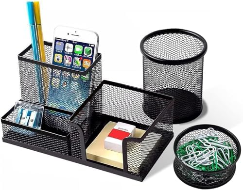 Pen Holder for Desk, Desk Organizers Set-3 Compartments Mesh Pencil Holder with Pencil Pen Cup and Paper Clip holder, Desk Accessories for Marker Craft, Ideal Office School Supplies(3 pack, Black) by Moonlik