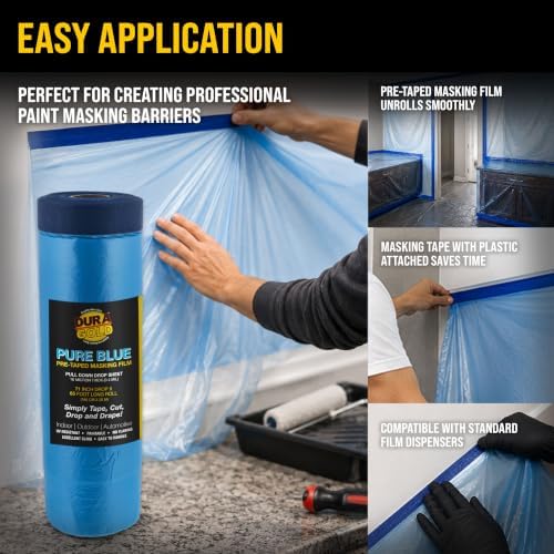 Dura-Gold 106" Wide x 46' Long Roll of Pure Blue Pre-Taped Masking Film, 3 Pack, Pre-Folded Overspray Paintable Plastic Protective Sheeting, Pull Down Drop Sheet - Auto Painting, Cover Walls Furniture - Image 3