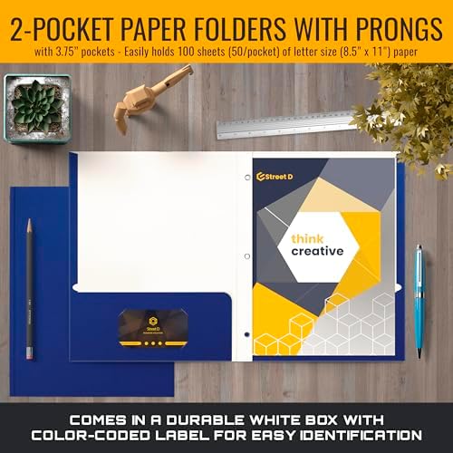 Better Office Products Blue Paper 2 Pocket Folders with Prongs, 50 Pack, Matte Texture, Letter Size Paper Folders, 50 Pack, with 3 Metal Prong Fastener Clips, Blue - Image 2