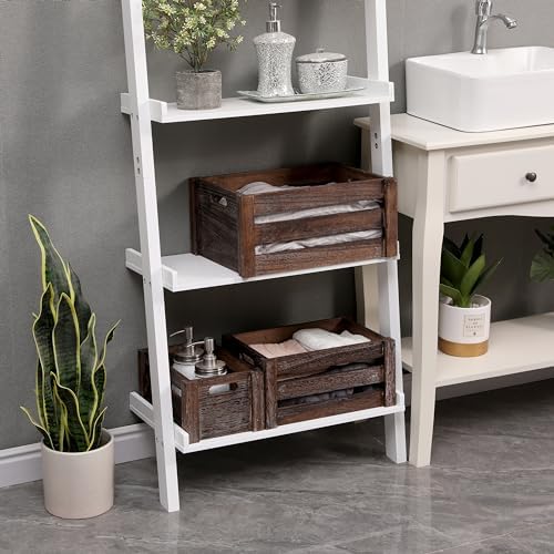 Set of 3 Nesting Wooden Crates, Small Rustic Farmhouse Wood Storage Boxes with Handles, Stackable Compact Organizer Bins for Kitchen Bathroom Bedroom Decor, 3 Sizes & 3 Colors (White, Brown, Black) - Image 5