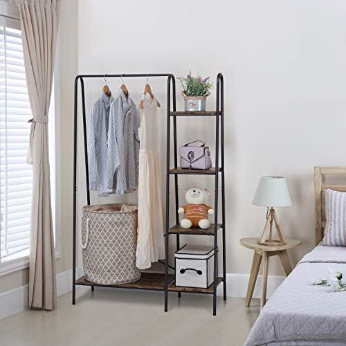 Finnhomy Rustic Clothes Rack, Clothing Rack for Hanging Clothes Heavy Duty Garment Rack with 5 Wood Shelves Freestanding Portable Closet Organizer for Bedroom/Entryway/Boutiques，Matte Black - Image 2