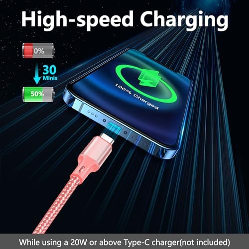 60W USB C to USB C Cable, 3 Pack 10ft Type C Fast Charger Cord (Pink) - Image 2