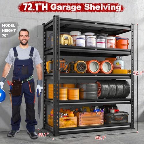 REIBII 72.1" H Garage Shelving 2000LBS Storage Shelves Heavy Duty Metal Shelving 5 Tier Garage Storage Shelves for Commercial Warehouse Pantry Kitchen 72.1" H x 40.1" W x 18.1" D - Image 2