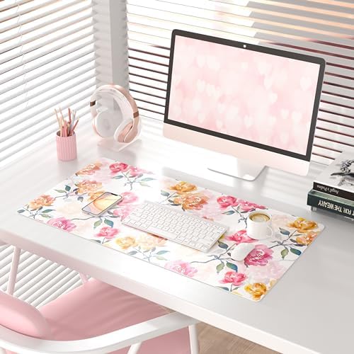 QiyI PU Leather Large Mouse Pad, Office Desk Mat, 31.5" x 15.7", Peonies - Image 2