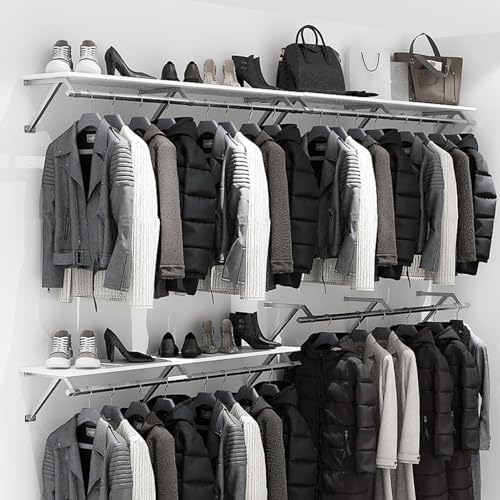 Wall Mounted Clothes Rack with Top Shelf, Heavy Duty Stainless Steel Industrial Clothing Rack ，Metal Shelf Multi-Purpose Hanging Rod，Space-Saving Closet Storage for Bedroom Laundry Room - Image 7