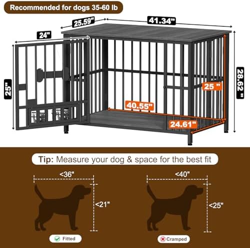 Easycom 41" Dog Crate Furniture Foldable, No Assembly Decorative Dog Kennel Indoor, Dog Crates for Large Dogs(35-60 lb), Wooden Dog Cage with Adjustable Bowls and Name Tag, End Table, Dark Grey - Image 5