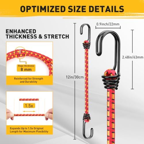 12" Elastic Bungee Cords with Hooks: 10 Pcs Bungee Cords Heavy Duty Outdoor, Bungie Cord Bundle Assortment with Metal Hook, Bungee Straps for Kayaking, Camping, Garage Storage - Image 2