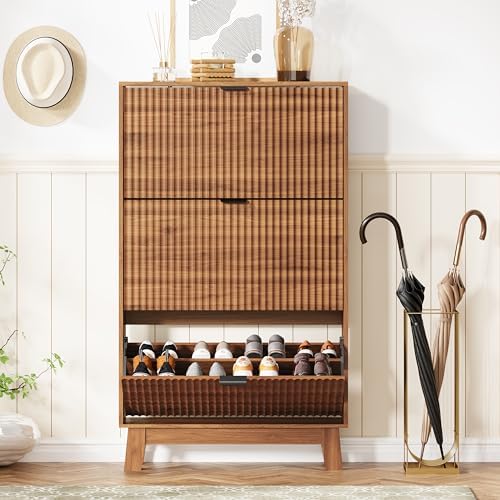 Shoe Cabinet Storage for Entryway with 3 Flip Drawers, Fluted Narrow Shoe Organizer with Wooden Legs, Freestanding Slim Shoe Storage Hidden Shoe Rack Organizer for Front Door Entrance, Hallway, Walnut - Image 3
