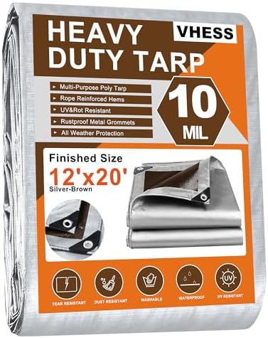 Tarps Heavy Duty Waterproof 12’ X 20’, 10 Mil Multipurpose Poly Tarp Cover, tarp Waterproof UV Resistant Tear&Fade Resistant, Outdoor Tarpaulin for Roof, Camping, Patio, Pool, Boat, Car by VHESS