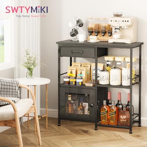 SWTYMIKI Coffee Bar Cabinet for Home - Farmhouse Coffee Stand Station Multi-Purpose Storage Cabinet with Adjustable Feet, Drawers - Kitchen Bar Table for Living Room, Corner, Small Space, Black - Image 3