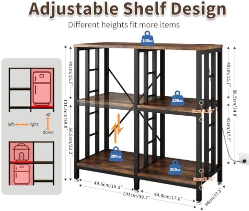 METYERRY Adjustable Kitchen Bakers Rack with Power Outlet,4-Tier Microwave Stand Kitchen Cart,Mini Fridge Stand with Storage,Bar Cabinet,Suitable for Office,Coffee Bar,Living Room,Patio,Rustic Brown - Image 3