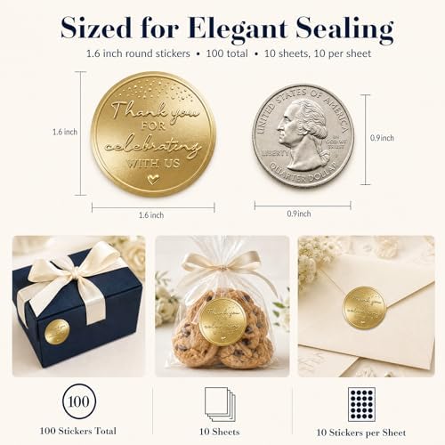 100PCS Thank You for Celebrating with Us Stickers, Embossed Matte Gold Wedding Favor Labels for Bridal Shower, Baby Shower, Engagement Party, Gift Bags & Invitations 1.6 Inch - Image 3