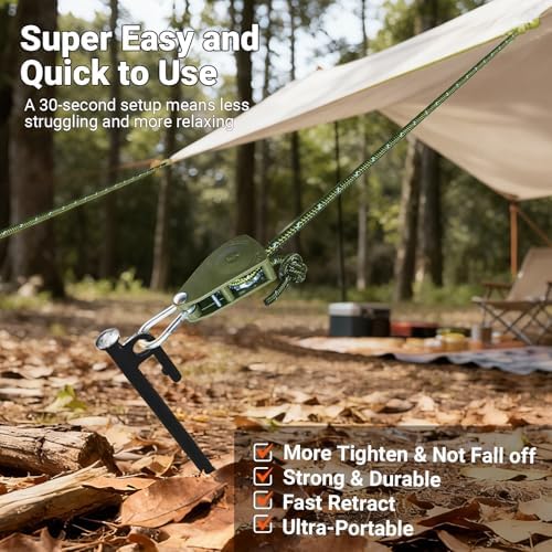 Camping Ropes Guy Line - Tarp Tie Down Ropes with Ratchet System, Pulley & Reinforced Metal Gear - Adjustable Heavy Duty Guy Lines for Canopy Tent, Quick Setup Outdoor Strap-4Pack - 6Pack - Image 5