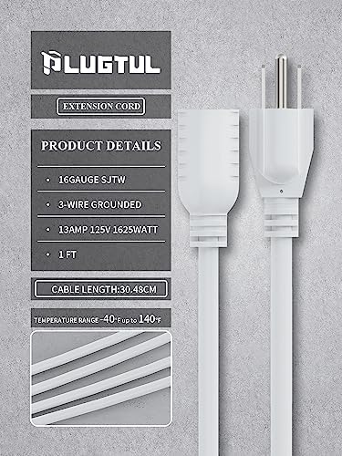 PLUGTUL 1 FT Extension Cord | 2-Pack Short Power Cord, Indoor/Outdoor 16 Gauge 3 Prong Grounded Wire ETL Listed, 13A 1625W 125V SJTW, White - Image 2