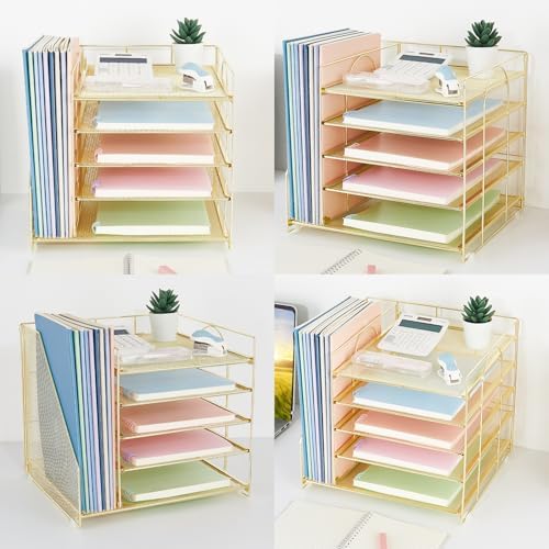 LEKETREE Desk Organizers and Accessories, 5-Tier Paper Letter Tray Organizer with File Holder, Desktop Organizer for Office Supplies (Gold) - Image 5