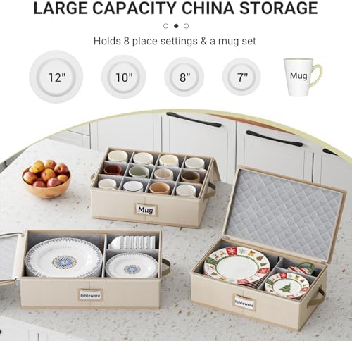 MISSLO Large Capacity China Storage Containers Hard Shell Plate Storage Containers, Kitchen Packing Moving Boxes for Dishes, Dinnerwares, Mugs Protectors, Beige, 3 Piece Set - Image 2
