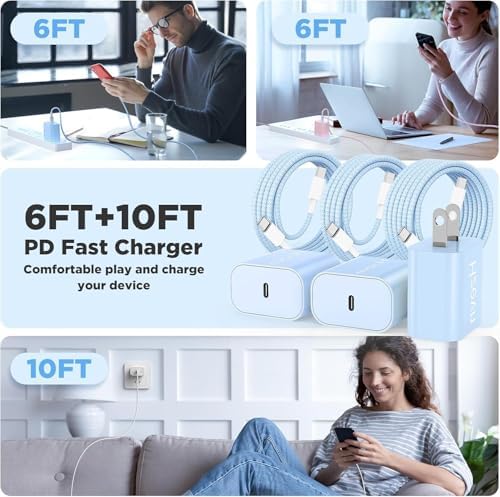 20W USB C Fast Charging for iPhone 17 Air/16/15 Pro Max,2Pack Colorful Mixed Charger Block with Braided Long USB C to C Cables (6/6ft) Compatible with iPhone16/15 Pro/15 Plus/iPad Pro - Image 6