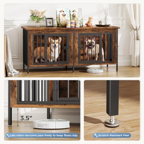 DUMOS 54" Dog Crate Furniture for 2 Dogs with Divider, Brown - Image 4