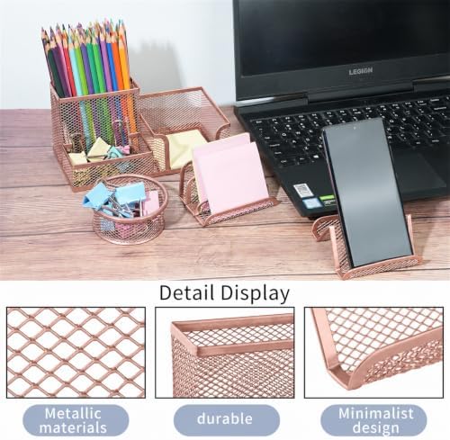 6 Pack Mesh Metal Desk Organizer Stationery Storage Set Rose Gold - Image 3