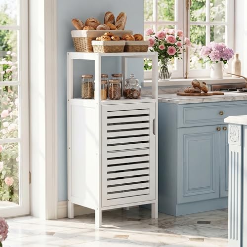 HITNET Bamboo Bathroom Storage Cabinet, 4 Tier Small White Floor Cabinet with Single Door, Free Standing Slim Narrow Storage Organizer for Living Room Entryway - Image 2