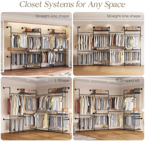 Closet Organizers Wall Mounted Closet System, 4-Row Heavy Duty Garment Clothes Rack, Industrial Pipe Clothing Rack with 4 Telescopic Rods, 2 Fixed Rods, 5 Hooks, 6 Shelves & 2 Pants Hangers for Rooms - Image 5