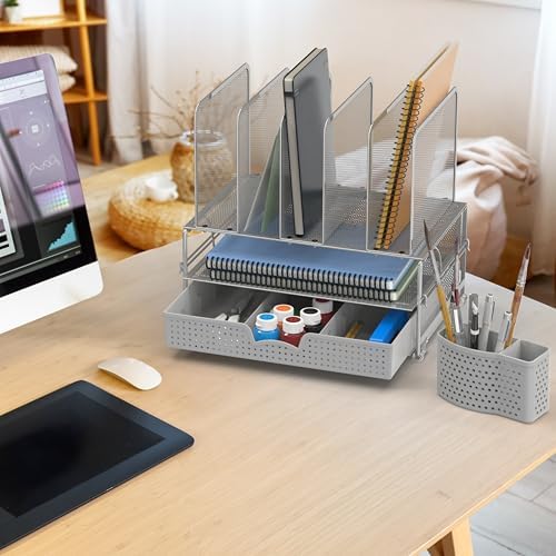 Simple Houseware Desk File Organizer for Office Supplies w/Drawer, Silver - Image 4