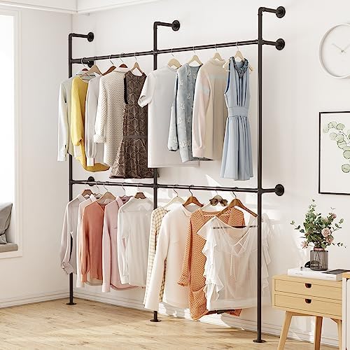 ORSENIGO Industrial Pipe Clothing Rack, Heavy Duty Metal Clothes Rack with Double Rods for Hanging Clothes, Wall Mount Space-Saving Garment Display Rack (Double, Black) - Image 7