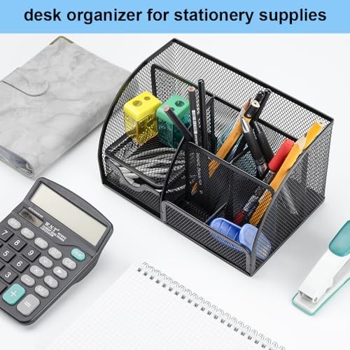 Desk Organizer Stationery Storage, Pencil Holder for Desk, Wire Mesh Office Supplies Journals Notebooks Organizers with 7 Compartments and Mini Drawer (Black) - Image 5