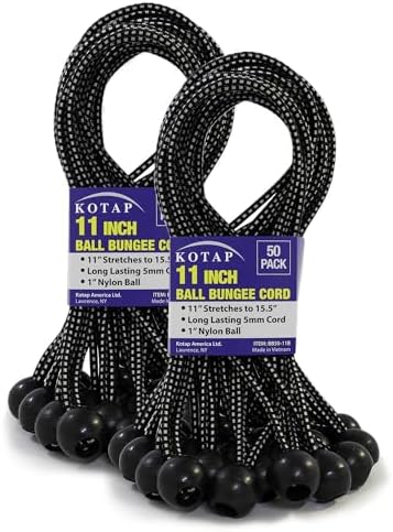 Kotap BB-11B Ball Bungee Cord, Heavy-Duty & Versatile, Indoor & Outdoor, Tarp Tie-Down, Organize & Secure, 11-Inch, Black, (50 Pack) by Kotap