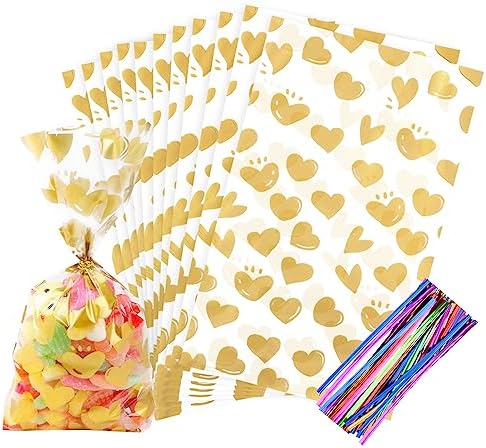 COQOFA 100Pcs 5X11IN Gold Heart Cello Cellophane Treat Bags for Party Favors, Candy, Cookies - Clear Plastic Poly Storage With Twist Ties for Baby Shower, Valentine, Birthday by COQOFA