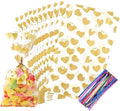 COQOFA 100Pcs 5X11IN Gold Heart Cello Cellophane Treat Bags for Party Favors, Candy, Cookies - Clear Plastic Poly Storage With Twist Ties for Baby Shower, Valentine, Birthday by COQOFA
