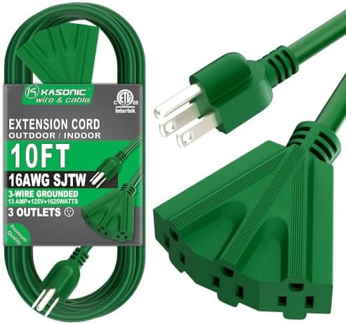 K KASONIC 10 FT 3 Outlet Outdoor Extension Cord, 16/3 Grounded Cord, Green by KASONIC