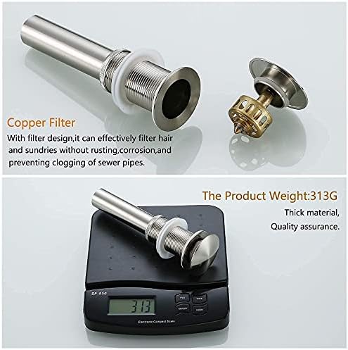 Pop Up Drain Assembly Brushed Nickel,Bathroom Sink Drain with Removable Brass Strainer Basket Without Overflow Vessel Basin Sink Drain Stopper,83606BN. - Image 2
