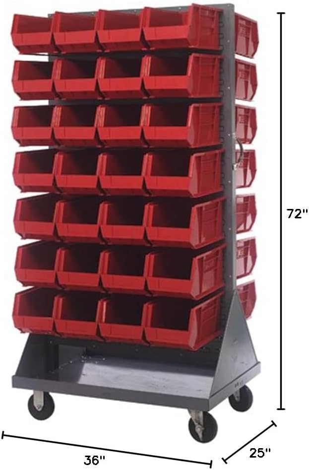Quantum Storage Systems QMD-36H-240RD Mobile Double Sided Gray Louvered Rack System with Bins, 36” L x 25” W 72” H, Red - Image 2