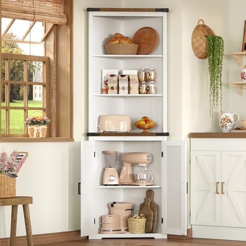 TEENFON Farmhouse Corner Cabinet, 70" H Tall Corner Hutch with 5 Shelves & 2 Barn Doors, Bathroom Cabinet with Adjustable Shelf, for Living Room, Kitchen, Bathroom, White - Image 4