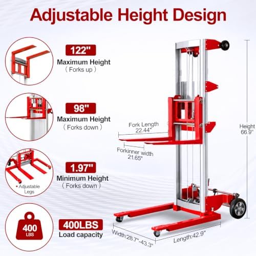 122" Material Lift Winch Stacker, 400 lbs Capacity Manual Material Lifts, Adjustable Straddle Material Lifter, Hand Winch Lift Trucks for Warehouse, Factory, Lightweight, 42.90"L x 43.30"W, Red - Image 2
