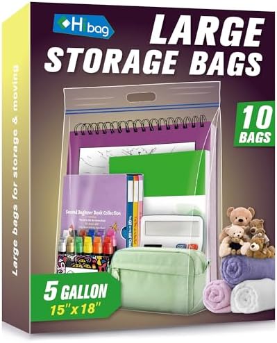 HIBAG 5 Gallon Large Storage Bags, 15” x 18” Resealable Clear Bags with Handle, Extra Large XL Heavy Duty for Clothes Pillow Travel Moving, Pack of 10 by HIBAG