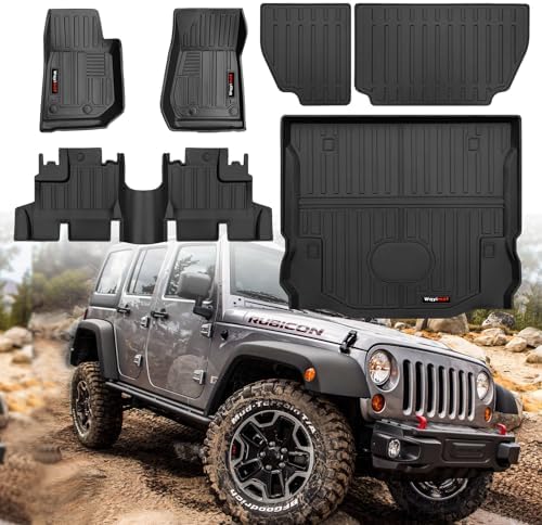 Custom for 2007-2018 Jeep Wrangler JK 4 Door Floor Mats & Cargo Liner & Backrest Mat All Weather TPE Rubber Protection Mat (for 2007-2018 JK 4 Door Accessories 6 Pcs) by Wqyimat