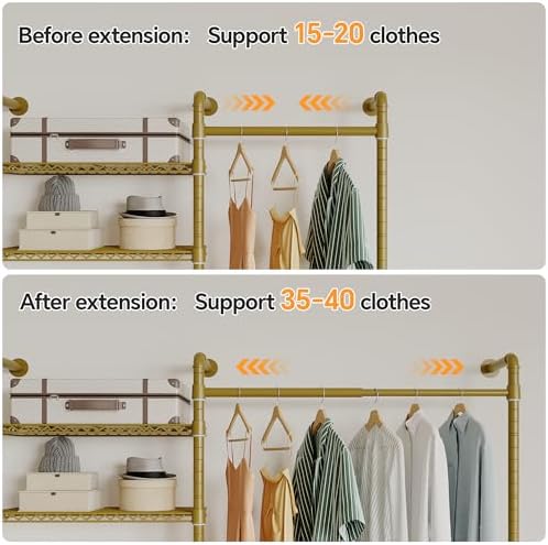 Higeego W3 Wall Mounted Clothes Rack, Industrial Pipe Clothing Rack, Gold - Image 4