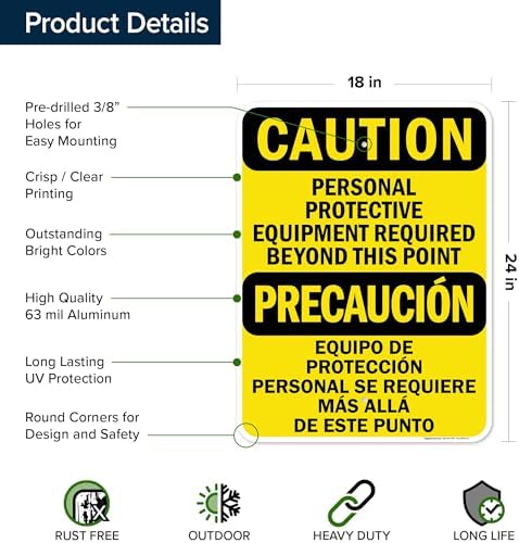 Caution Personal Protective Equipment Required Beyond This Point Bilingual Osha Sign, 18x24 Inches, Rust Free .063 Aluminum, Fade Resistant, Made in USA by My Sign Center - Image 6