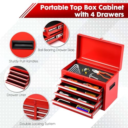 Dawmilon 5-Drawer Rolling Tool Chest with Wheels - High Capacity Tool Cabinet with Detachable Top Toolbox for Garage and Workshop Organization - Metal Tool Cart with Liner & 4 Hooks, Red - Image 6
