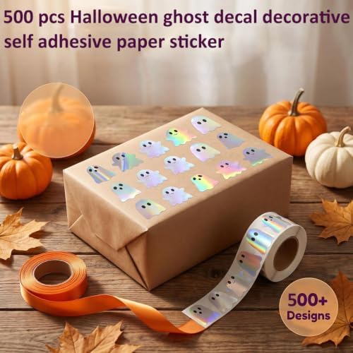 500Pcs Halloween Ghost Stickers Rolls,Holographic Cute Ghost Decals 1.2Inch - Image 6
