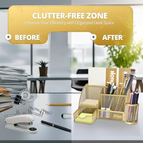Flexzion Metal Mesh Desk Organizer with Drawer, 6 Compartments, Rose Gold - Image 5