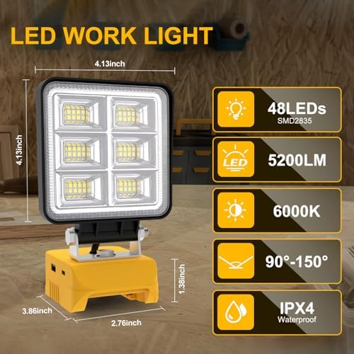 T-SUN LED Work Light Compatible with Dewalt 20V Battery, 52W 5200LM, 2 Pack - Image 7